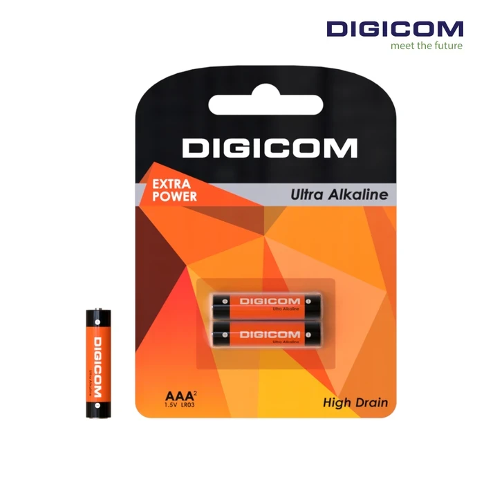 Digicom AAA Alkaline Batteries LR03-2B | Ultra Long Lasting Power Logic | Leak Proof & Premium High-Drain Energy System | 2 Pcs Blister