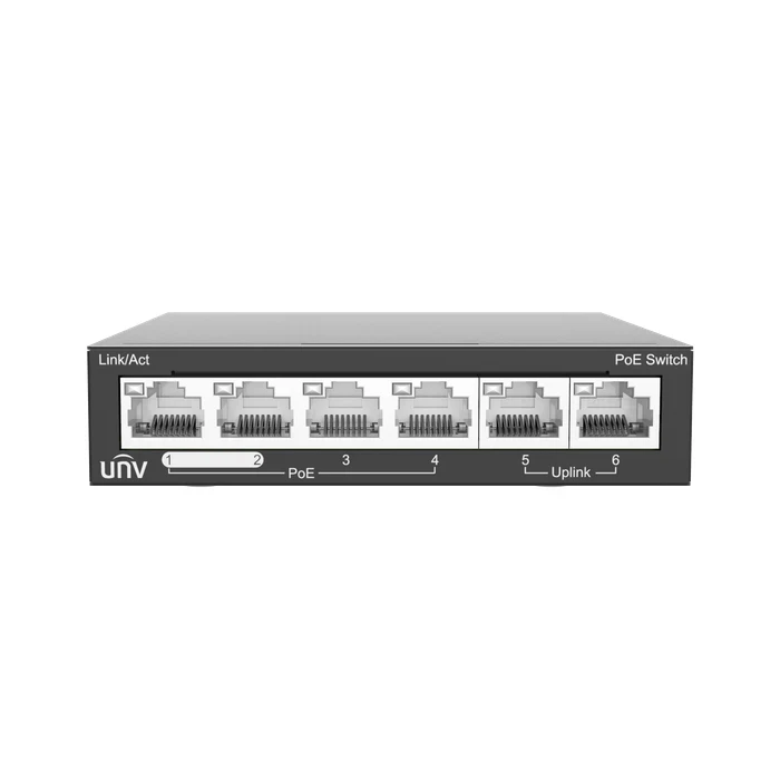 UNV 4-Port Fast Ethernet Unmanaged PoE Switch with 60W Budget, Priority Ports & 250m Extend Mode | NSW2020-6T-POE-IN