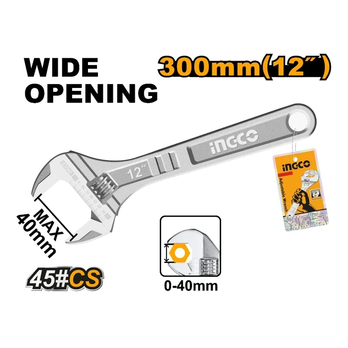 INGCO 12" / 300mm Professional Adjustable Wrench | Heavy-Duty Forged Steel Shifter Spanner with 0-35mm Wide Jaw Capacity & Precision Measurement Scale | HADW131122