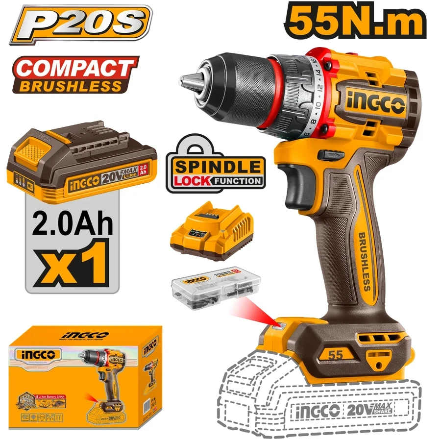 Compact Brushless Cordless Drill | CDLI205582 | 20V Max | 55Nm Professional Kit