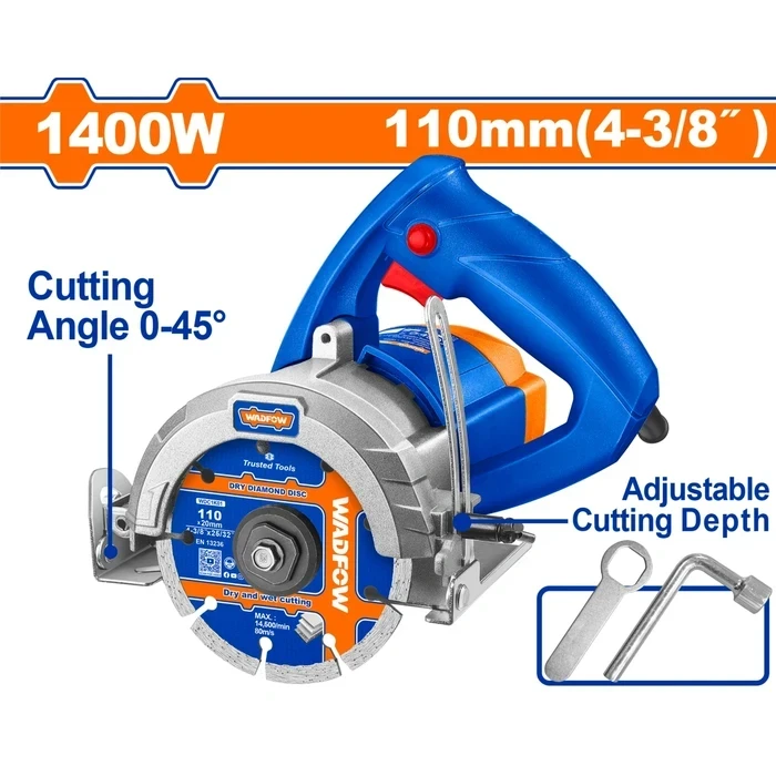 Wadfow 1400W Heavy Duty 110mm Marble Cutter & Tile Saw | 13000RPM High Speed Stone Cutting Machine with Adjustable Depth & 0-45° Bevel Function | WMR15141