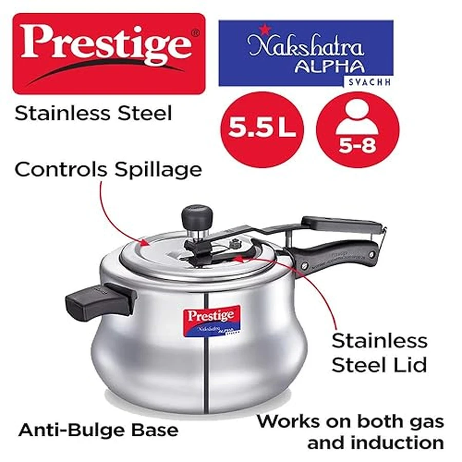 Prestige 20258 Nakshatra Alpha Svachh Handi | 5.5 Litres | Stainless Steel | Deep Lid Spillage Control | Gas & Induction Compatible