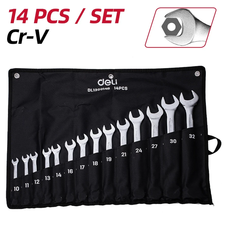 EDL130014B Combination Spanner Set 14 PCS - Carbon Steel, Chrome Plated, Mist Finish, Open & Box End, Roll-Up Bag (Silver)