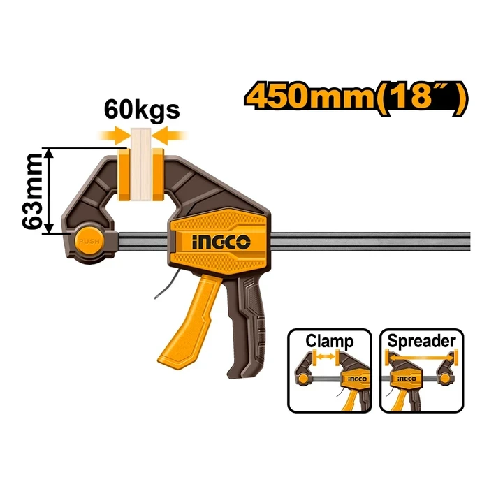INGCO 63mm x 450mm Quick Bar Clamp | One-Handed Professional Squeeze Trigger Woodworking Clamp with 60KGS Max Force & 5mm x 18mm Heavy Iron Ruler Rail | HQBC01603