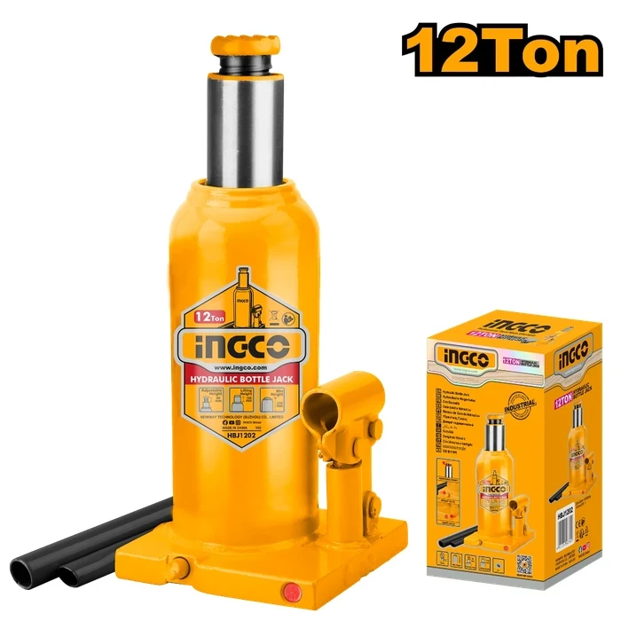 INGCO 12-Ton Professional Hydraulic Bottle Jack | Heavy-Duty Fleet Vehicle Lift with Integrated Safety Overload Valve, 235mm-470mm Height Range & 235mm Travel | HBJ1202