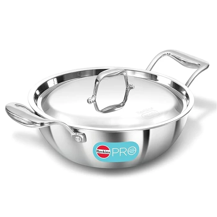 Hawkins 2.5L Tri-Ply Stainless Steel Pro Deep Frypan with Lid | Extra-Thick 3mm Heavy Duty Even Heat Distribution | Stay-Cool SS Handles Gas Induction Oven Compatible | PSK25S