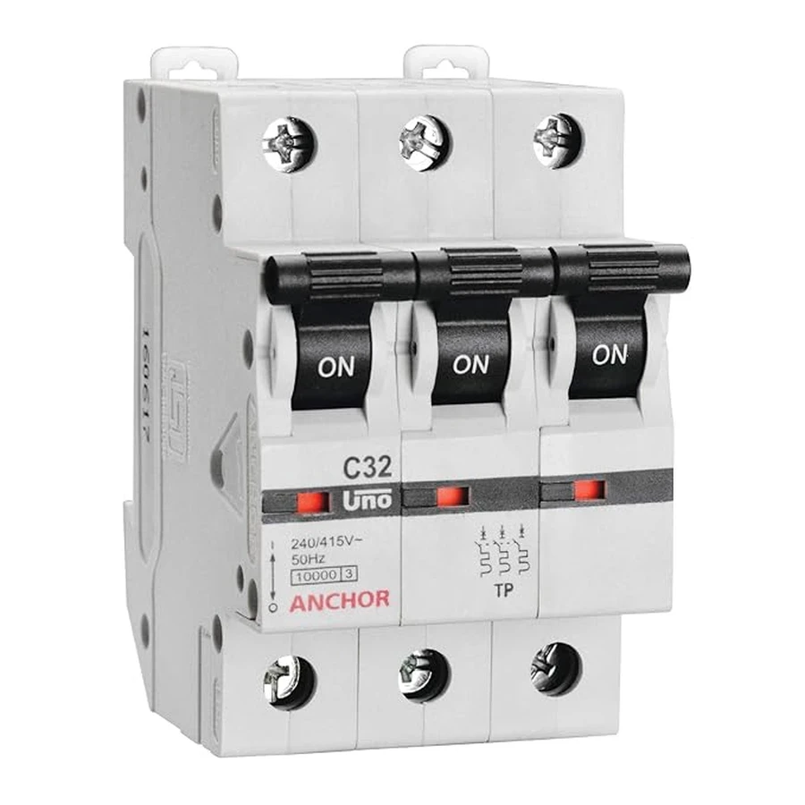 Anchor UNO TP MCB 10A 'C' Curve 98026 - Triple Pole, 10kA Breaking Capacity, Standard Circuit Breaker for 3-Phase Systems