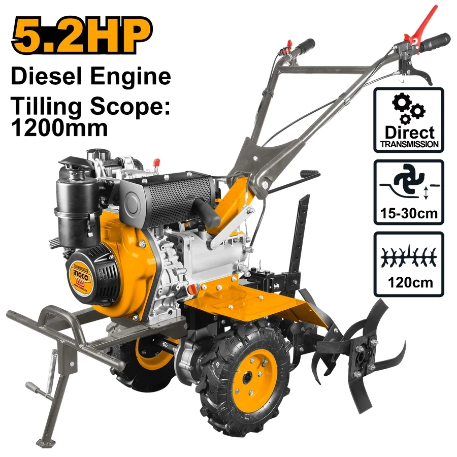 INGCO Heavy-Duty Diesel Tiller | 5.2HP Gear-Driven | DC12001