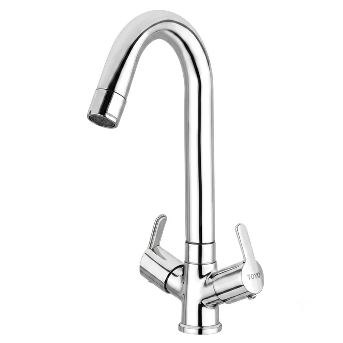 TOYO Centre Hole Table Mounted Sink Mixer | Premium Chrome Solid Brass Kitchen Faucet with Regular Swinging Spout & 600 mm Braided Connecting Hoses | TOYO-SA-52221