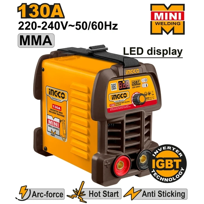 INGCO 130A IGBT Inverter MMA Stick Welding Machine | 220-240V Portable Arc Welder with LED Display, Anti-Stick, Hot Start, Holder, Clamp, Brush & Helmet | ING-MMA13049