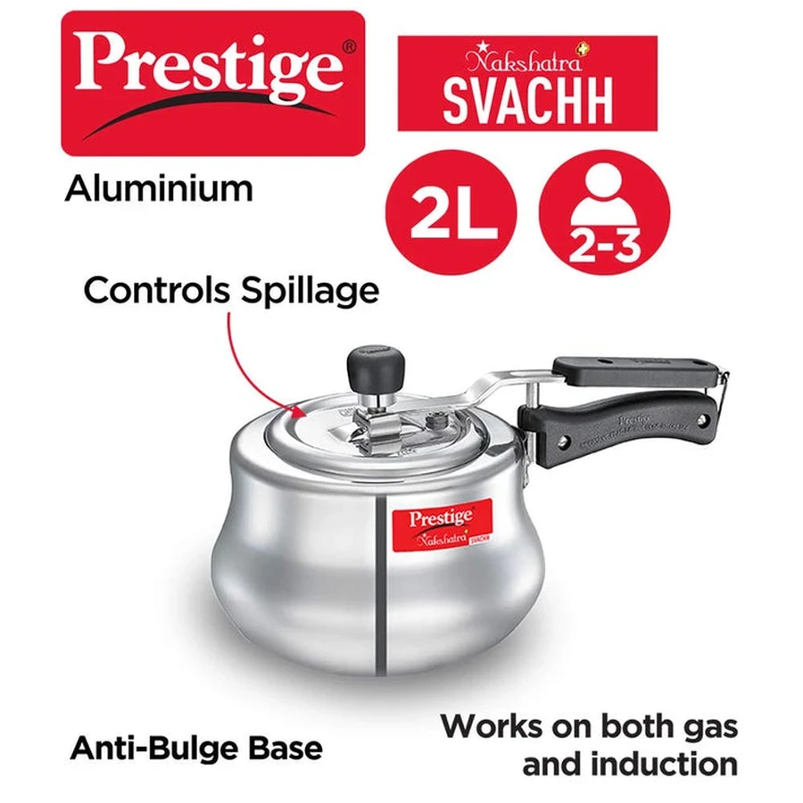 Prestige 10755 Nakshatra Plus Svachh Handi | 2 LTRS | Polished High-Grade Aluminum | Deep Svachh Spillage Control Lid, Optimized Wide Base, Gas & Induction Compatible