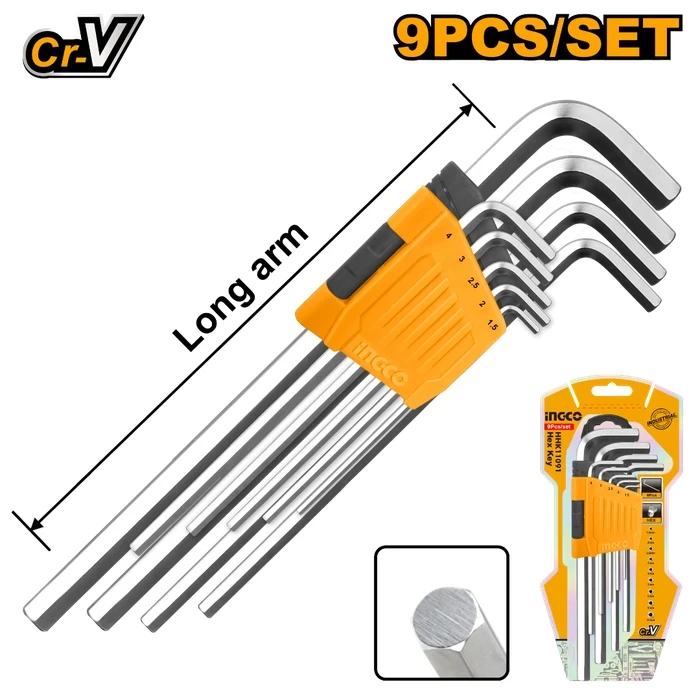 INGCO HHK11091 9-Piece Long Arm Hex Key Wrench Set | Premium Hardened Chrome Vanadium Steel | 1.5mm–10mm Metric Allen Key Matrix with Compact Storage Holder