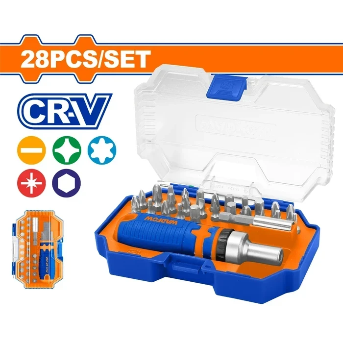 Wadfow 28-Piece Professional Ratchet Screwdriver & Bit Set | Heavy-Duty Forged CR-V Multi-Bit Drive Kit with Unique Ratcheting Handle & 50mm Magnetic Extension Holder | WSS8B28