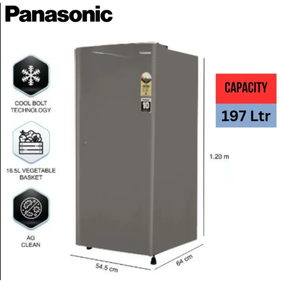 Panasonic NR-A202BWHX 190L Single Door Refrigerator | Toughened Glass Shelves | Humidity Control | Wide Door Pockets | Hair Line Grey