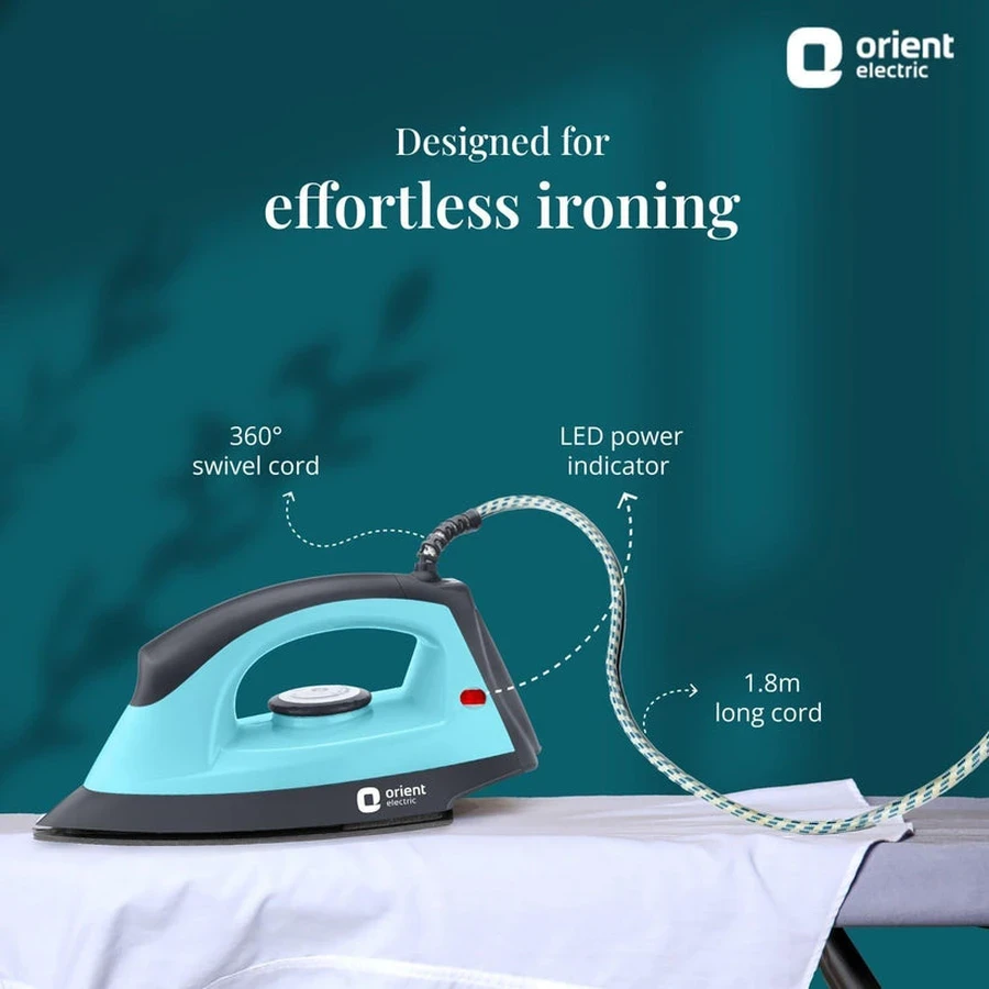 Orient Fabripress Dry Iron 1000W - Automatic Shut-off Safety, Lightweight Plastic Body, Quick Heat-up for Easy Ironing (Turquoise & Black)