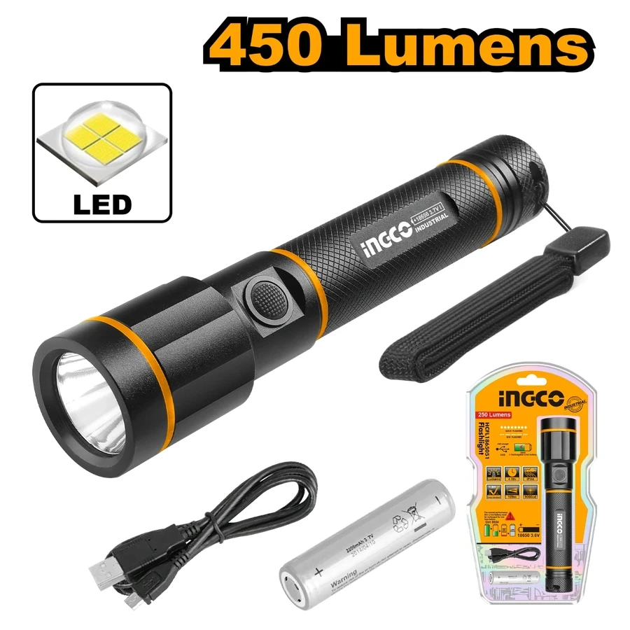 INGCO High-Performance Rechargeable Flashlight | 450LM, 2000mAh 18650 Battery, 5-Mode Tactical LED Torch | HCFL1865051