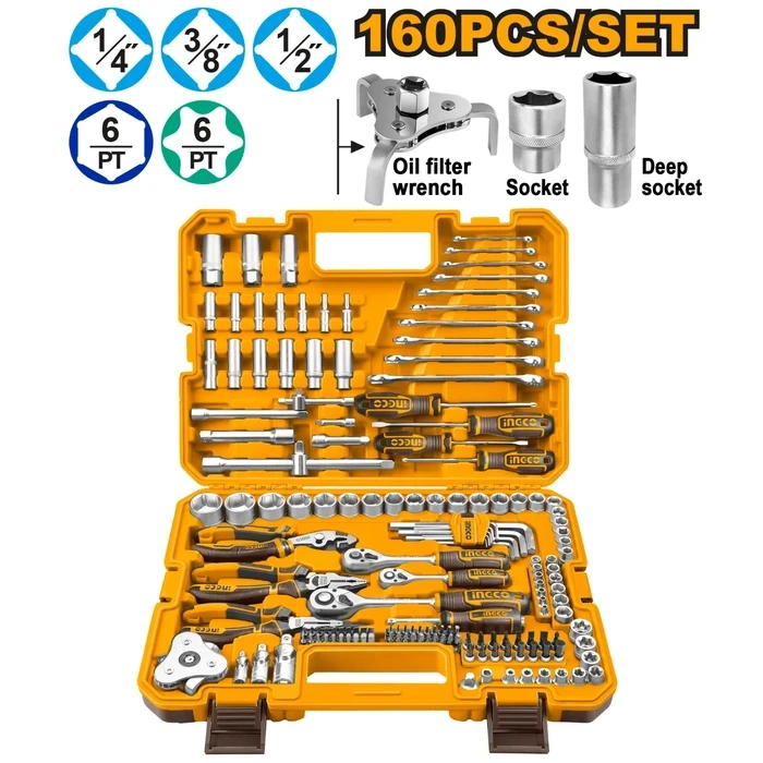 INGCO 160-Piece Professional Combination Mechanics Tool Set | Heavy-Duty Tri-Drive 1/4", 3/8" & 1/2" Ratchet, Socket & Spanner Master Workshop Fleet | HKTHP51608