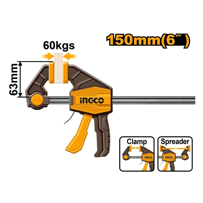INGCO 63mm x 150mm Quick Bar Clamp | One-Handed Professional Squeeze Trigger Woodworking Clamp with 60KGS Max Force & 5mm x 18mm Heavy Iron Ruler Rail | HQBC01601