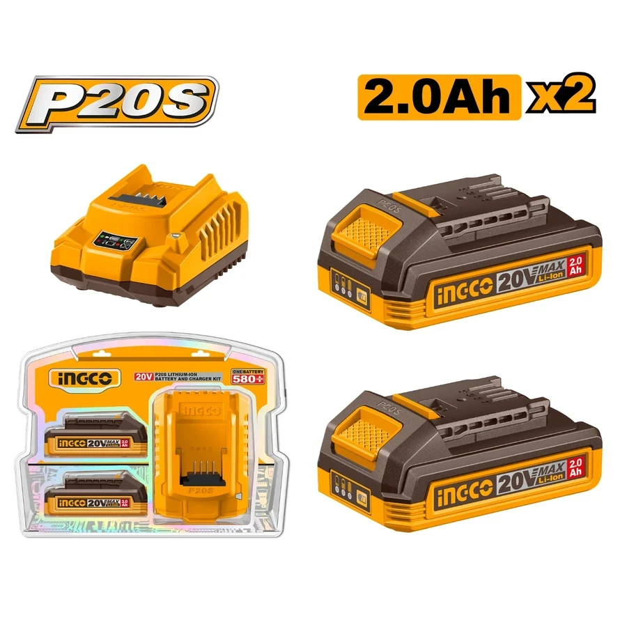 INGCO P20S Lithium-Ion Battery and Charger Kit | 2 x 2.0Ah Batteries | 1 x Fast Charger | FBCPK1222