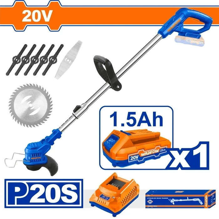 Wadfow 20V Lithium-Ion Professional Cordless Grass Trimmer | 10000rpm High-Speed Multi-Blade Weed Eater with Plastic, Metal & Saw Blades, 1.5Ah Battery & Charger Kit | WGTP511