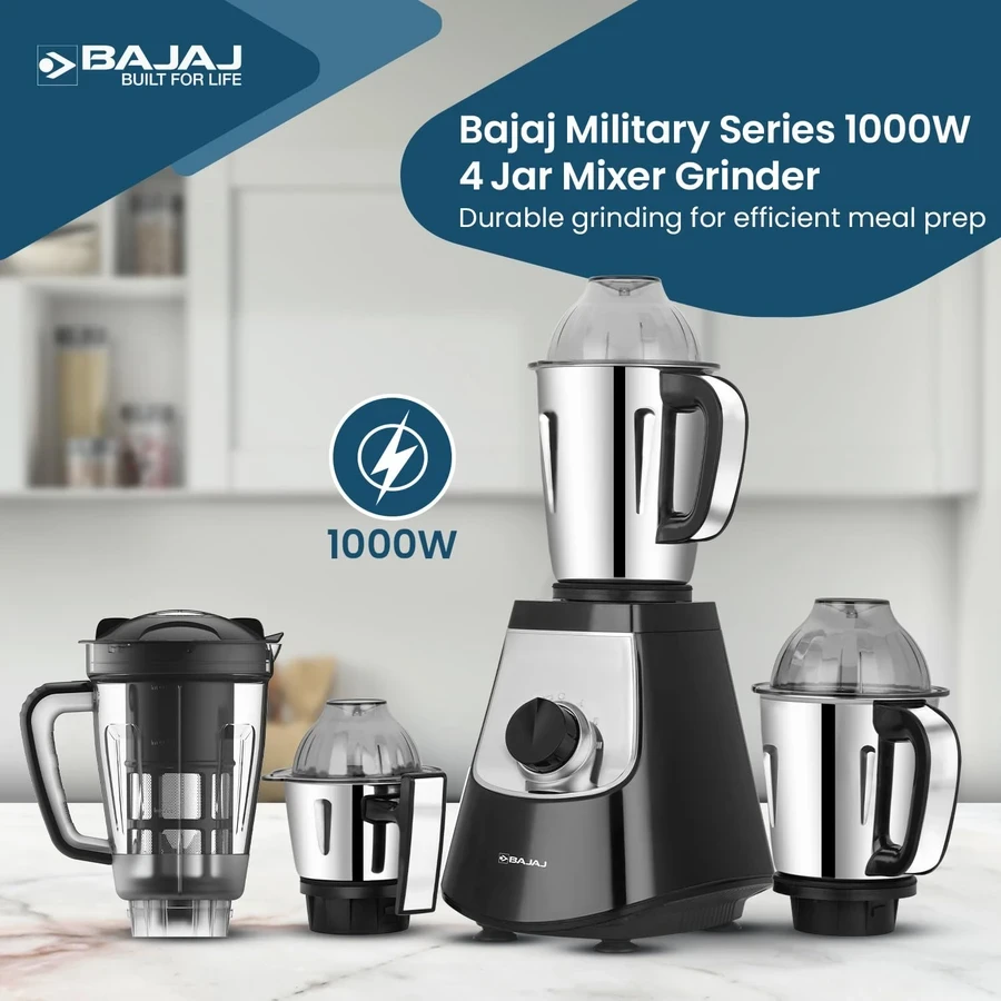 Bajaj Military Series Evoque (410630) 4 Jar Mixer Grinder | 1000W | Jet Black | Fruit Filter | Adjustable Speed