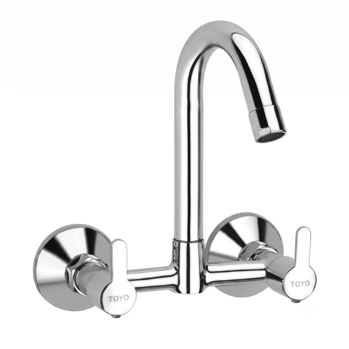 TOYO Wall-Mounted Solid Brass Kitchen Sink Mixer | Premium Chrome Hot & Cold Water Tap with Regular Swinging Swivel Spout, Dual Operating Handles & Connecting Brass Legs | TOYO-SA-52219