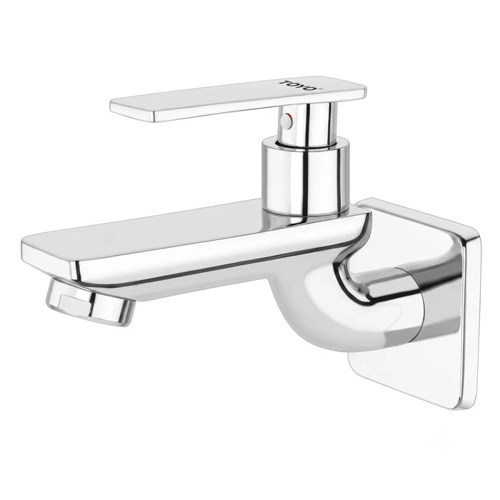 Toyo Long Body Bib Cock with Brass Handle & Matching Wall Flange | Extended Reach Solid Brass Wall-Mounted Water Tap | AQ-51902-B