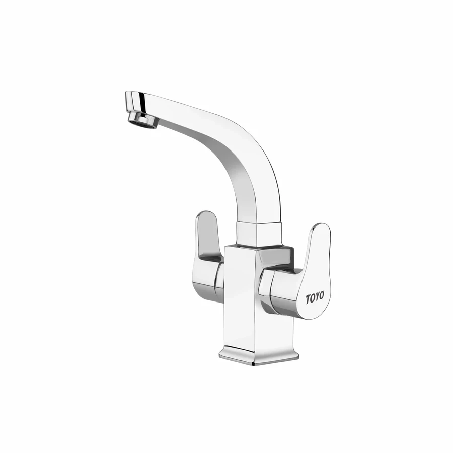 TOYO EM-51228 Centre Hole Sink Mixer - Square Heavy Brass Swinging Spout, Dual Handle, CP Chrome Finish