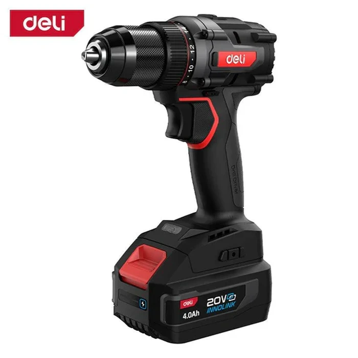 Deli Tools EDE-CZ20-2A4 20V Brushless Cordless Impact Drill Kit | 50Nm Torque 2-Speed Hammer Driver with 4.0Ah High Capacity Battery, Cr-V Bit & Heavy Duty BMC Case