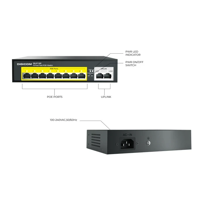 Digicom DG-P110C 10 Port POE Switch | 8 POE + 2 Uplink Logic | IEEE 802.3af/at High Performance System | 10 Ports