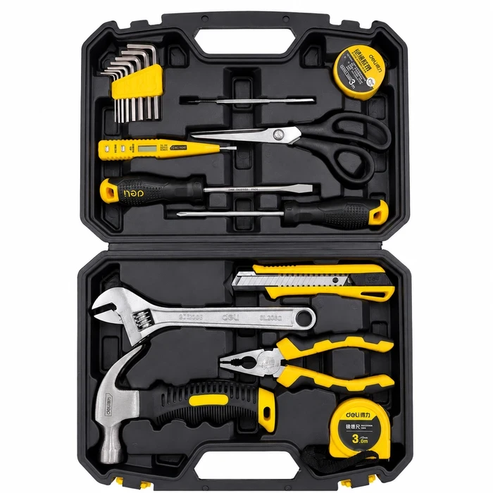 Deli 12PCS Household Hand Tool Set | Essential Home Repair Kit with Pliers, Screwdrivers, Hammer & Measuring Tape in Compact Portable Storage Case (Black) | DL1012