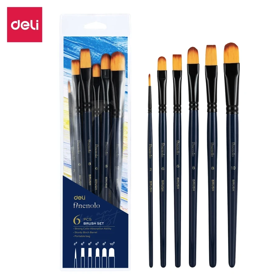 Deli Propylene Brush Set - 6-Piece Hard Nylon Bristle Artist Brushes with Secure Aluminum Ferrules for Acrylic and Heavy-Body Painting EC278