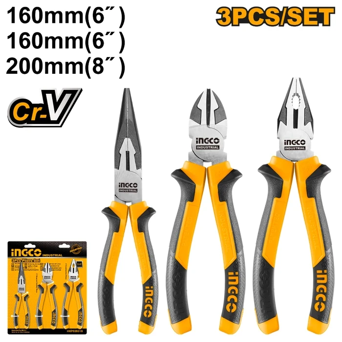 INGCO HKPS28318 3-Piece Industrial Pliers Set | Premium Forged Chrome Vanadium Steel | Combination, Long Nose & Diagonal Side Cutting Pliers with Two-Color TPR Handles