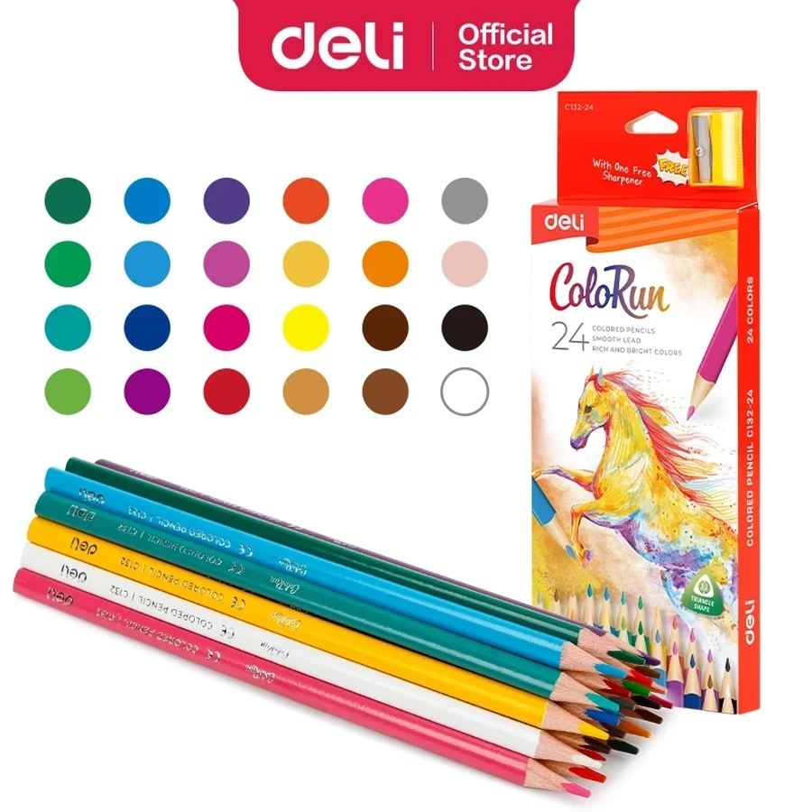 Deli Colored Pencil Set - 24 Colors EC132-24, Triangular Barrel for Ergonomic Grip, 8 mm x 175 mm Size