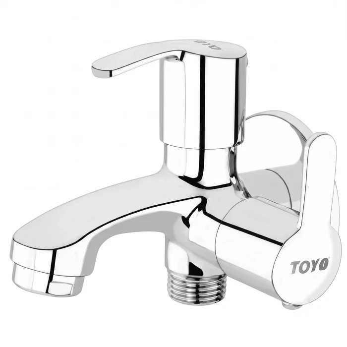 Toyo 2-Way Bib Cock with Double Operating Handles & Matching Wall Flange | Dual Outlet Solid Brass Utility Tap | SA-52203