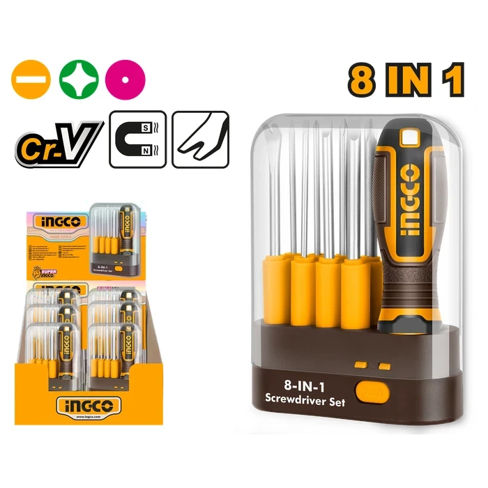 INGCO 9-Piece Professional Interchangeable Screwdriver Set | Heavy-Duty CR-V Slotted & Phillips Drive Kit with 5x65mm Tack Remover, 3x65mm Scratch Awl & Unique Design Quick-Lock Handle | AKISD0901