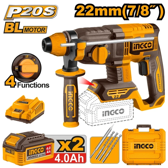 INGCO 20V Cordless Brushless SDS Plus Rotary Hammer | 2.0J Impact Energy Hammer Drill with 22mm Concrete Capacity, Dual 4.0Ah Batteries, Charger & 4-Piece Bit Set | CRHLI212282