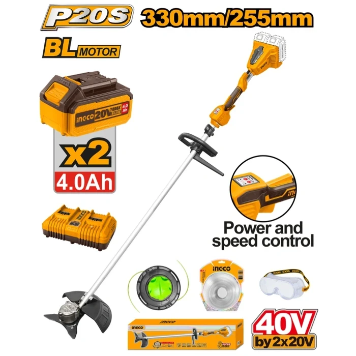 INGCO 40V Cordless Brushless String Trimmer & Brush Cutter Kit | 330mm Line Trimmer & 255mm 3T Blade Bush Cutter | Includes 2 x 4.0Ah Batteries & Dual-Port Fast Charger | CSTLI200285