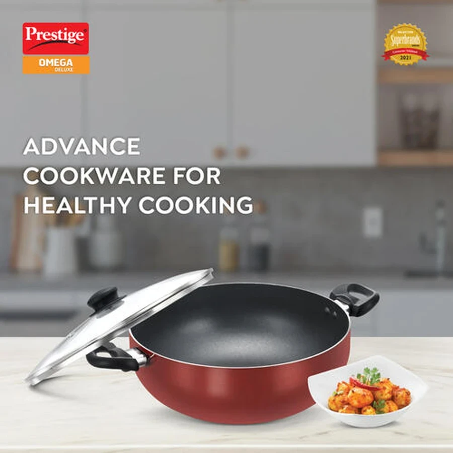 Prestige 36727 Omega Deluxe Granite Kadai 300mm | Durable Granite Non-Stick Coating | Induction & Gas Compatible | Glass Lid | Black