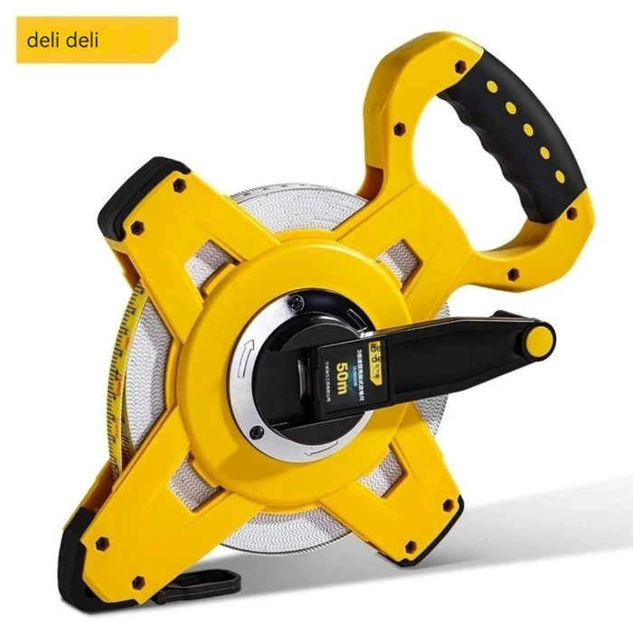 Deli Tools DL98050B 50m Fiberglass Measuring Tape | Heavy-Duty ABS+TPR Shock-Absorbing Closed Molded Shell Enclosure with 14.5mm Stretch-Resistant Blade
