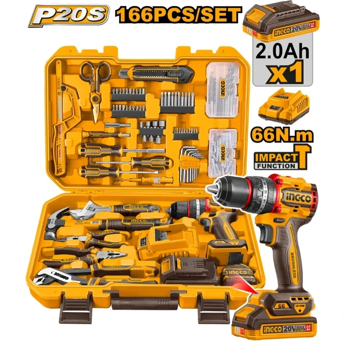 INGCO 166 Pcs Hand Tool Set with 20V Cordless Impact Drill, 2.0Ah Battery, Charger, Pliers, Screwdrivers, Drill Bits & Wall Anchors | HKTHP41662