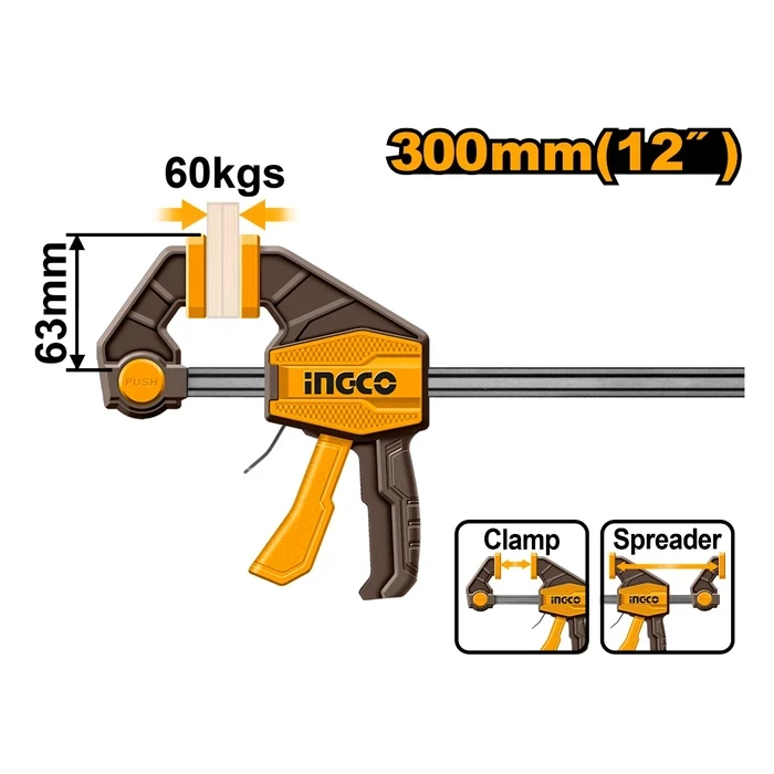INGCO 63mm x 300mm Quick Bar Clamp | One-Handed Professional Squeeze Trigger Woodworking Clamp with 60KGS Max Force & 5mm x 18mm Heavy Iron Ruler Rail | HQBC01602