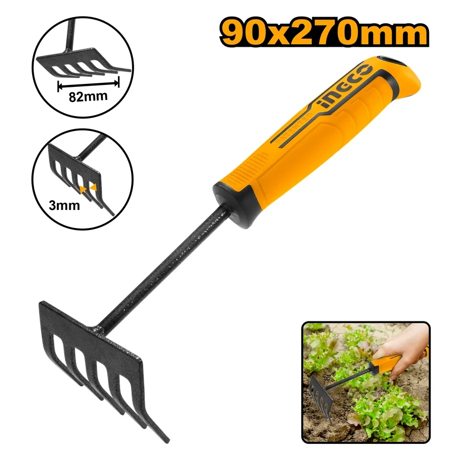 INGCO 270mm Gardening Hand Rake | Carbon Steel | Patent Design | HFTR1008