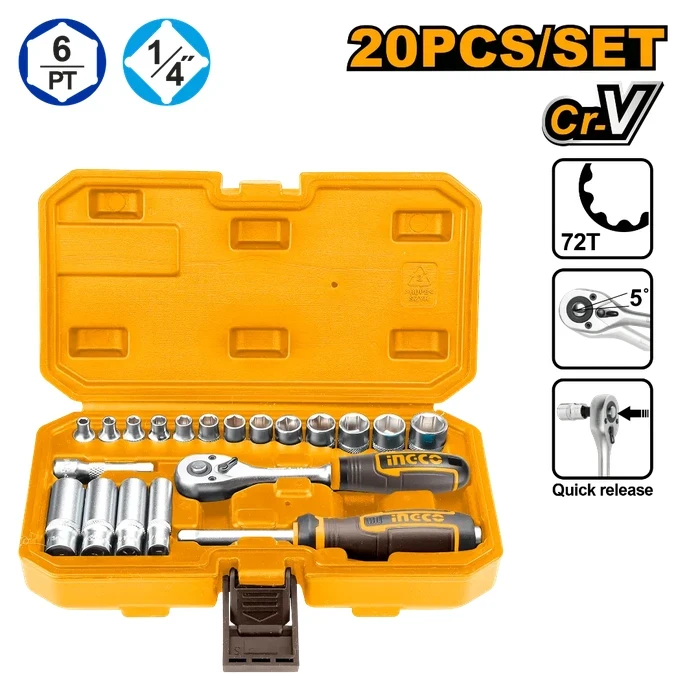 INGCO HKTS14201 20-Piece 1/4" Drive Socket Set | 50BV30 Cr-V Steel 45T Ratchet with Three-Color Soft Handle, 13 Shallow & 4 Deep Metric Sockets Case
