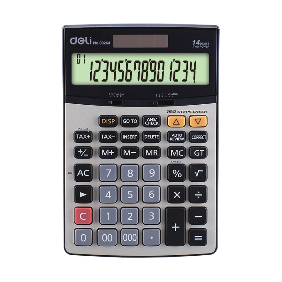 Deli Professional Desktop Calculator E39264 - 14 Digits, 150 Steps Check Function, Black and Silver Finish