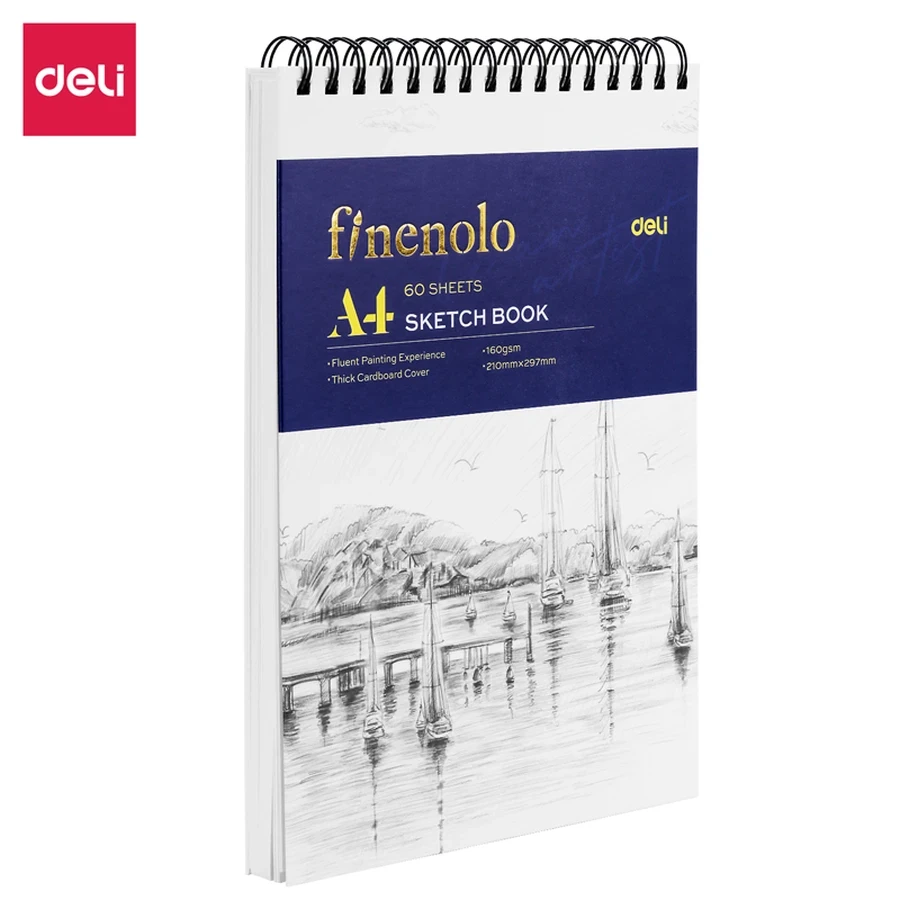 Deli Finenolo A4 Sketchbook - 160gsm Professional Fine Texture Paper, 60 Sheets, Vertical Hard Backing for Drawing and Illustrating EC276