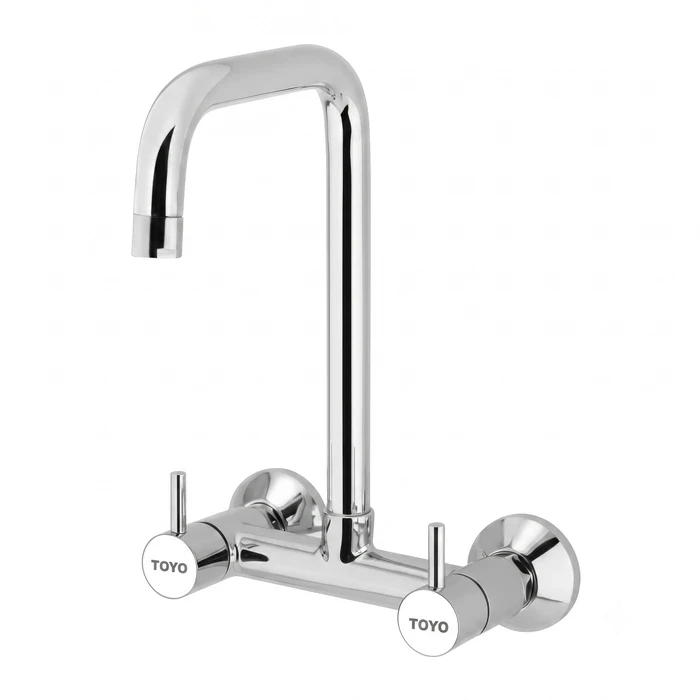 Toyo Sink Mixer Extended with Long Extended Swinging Spout & Dual Handles | Solid Brass Wall-Mounted Kitchen Faucet | RU-51320