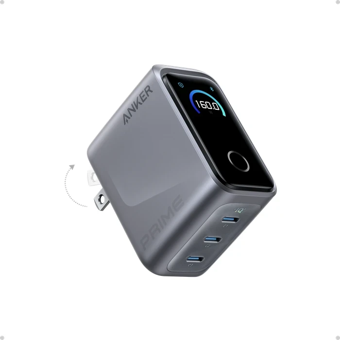 Anker Prime 160W GaN Wall Charger (3x USB-C, Smart Display) | 140W Max Single-Port, PowerIQ 5.0 & Bluetooth App Control | US Silver