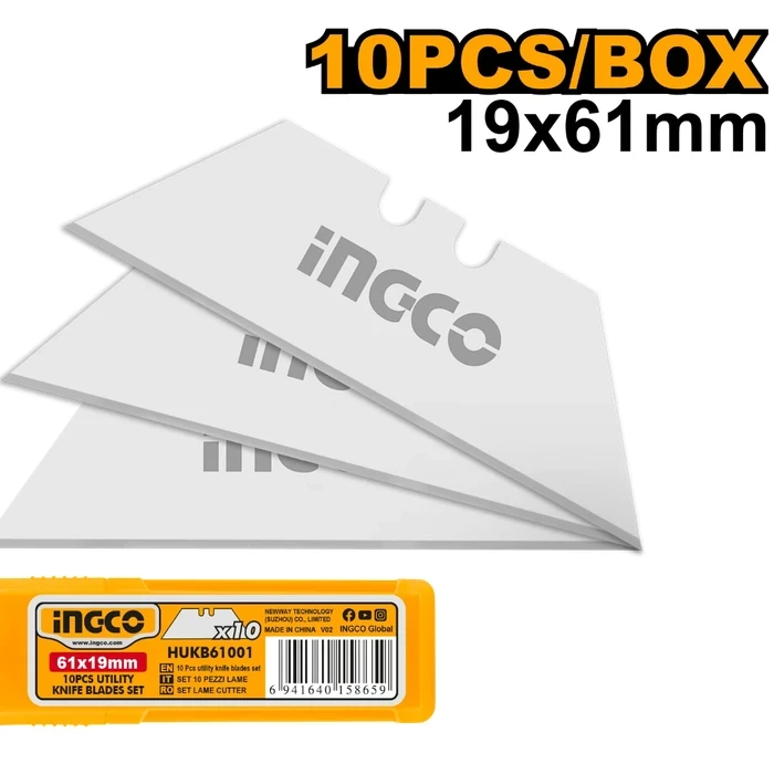 INGCO 10-Piece Utility Knife Blades Set | Universal 61x19mm Heavy-Duty SK5 Carbon Steel Trapezoidal Razors with Compact Storage Dispenser | HUKB61001
