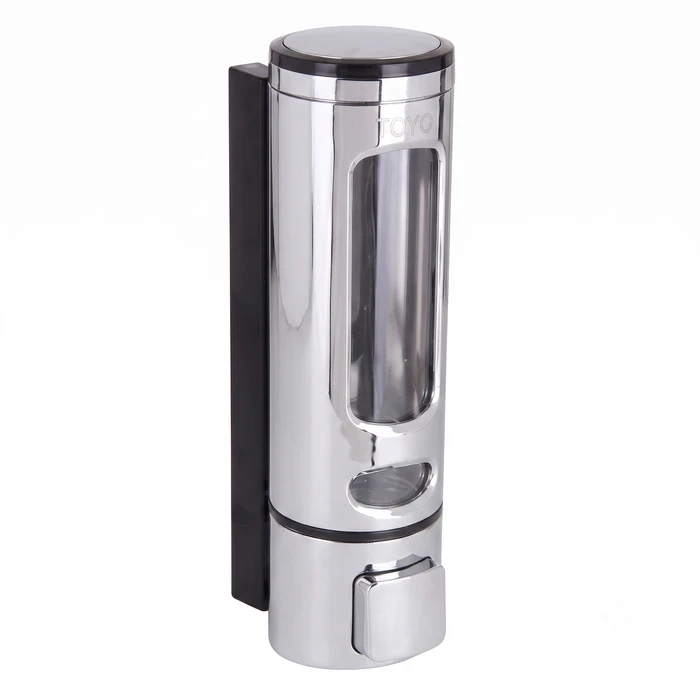 TOYO 380 ml Wall-Mounted Manual Soap Dispenser | Premium Chrome & Black Finish with Metered 1ml Dripless Pump & Liquid Level Window | TOYO-1613